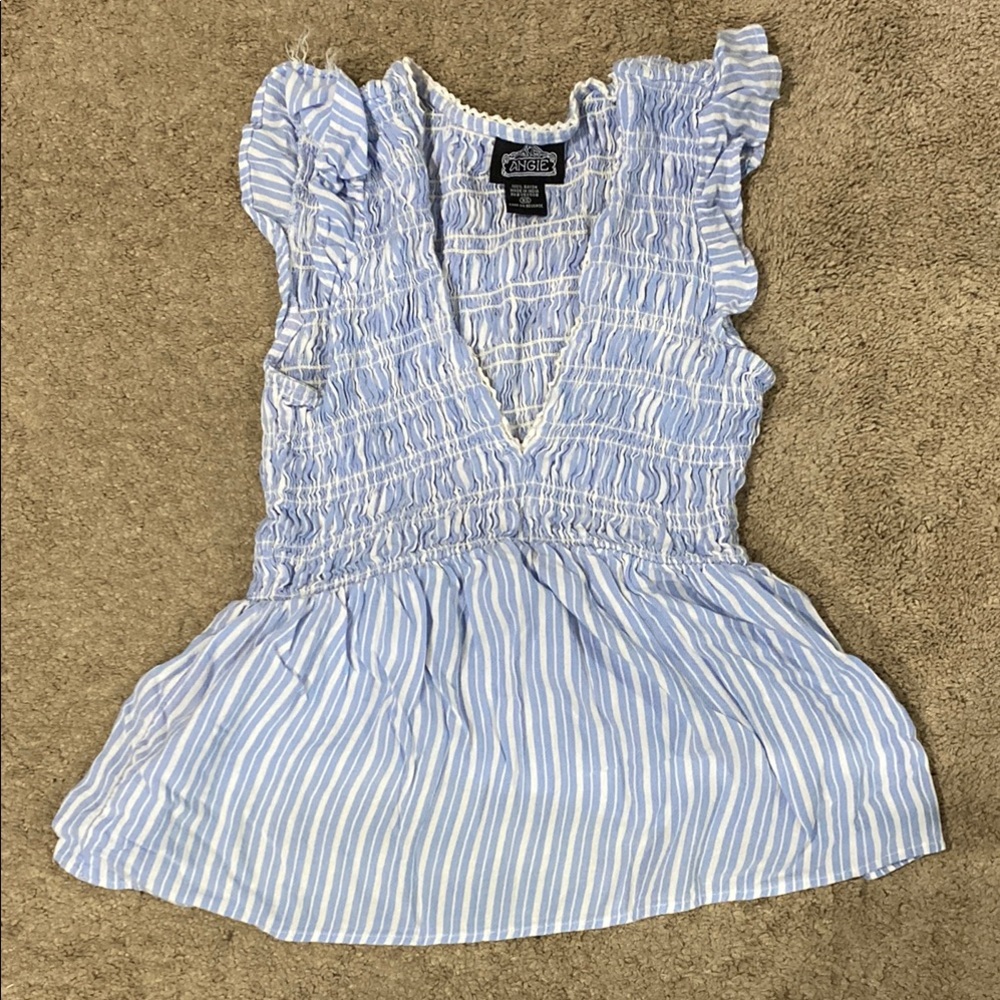 Angie Flutter Sleeve Blouse in White and Blue with Smocked Peplum